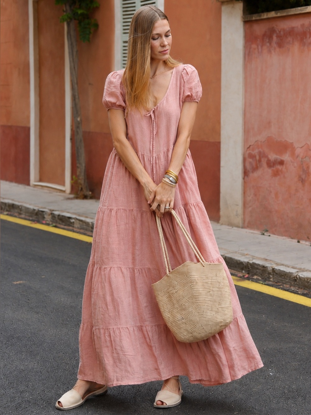 Beachwood Baby Luna Maxi Dress Rose Pink Tiered Linen Feminine Flowy M/L